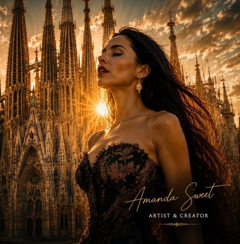 Amanda Sweet ante la Sagrada Familia al atardecer